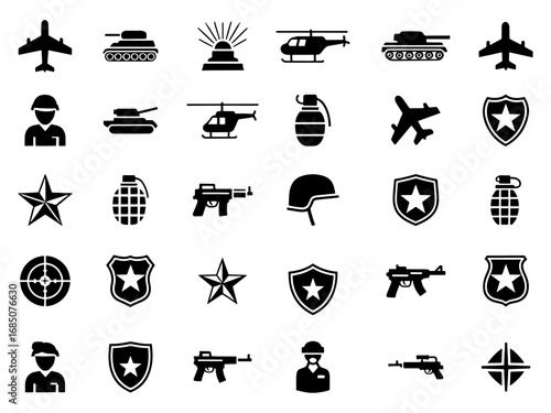 Collection of military and army icons including tanks airplanes helicopters soldiers grenades guns shields stars and compass isolated on white background silhouette