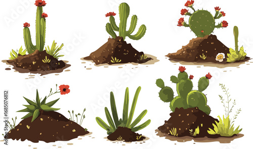 Collection of diverse desert cacti and succulents growing in soil mounds with blooming flowers