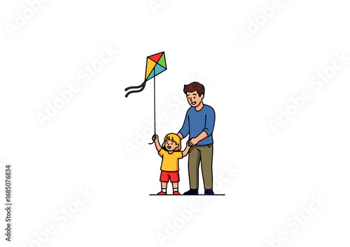 icon of father teaching child to fly a kite