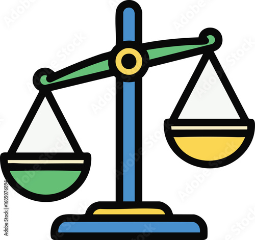 Illustration depicting the concept of justice and balance. Featuring scales of justice. Ideal for legal, financial, or equality related themes and concepts. Modern style and colorful
