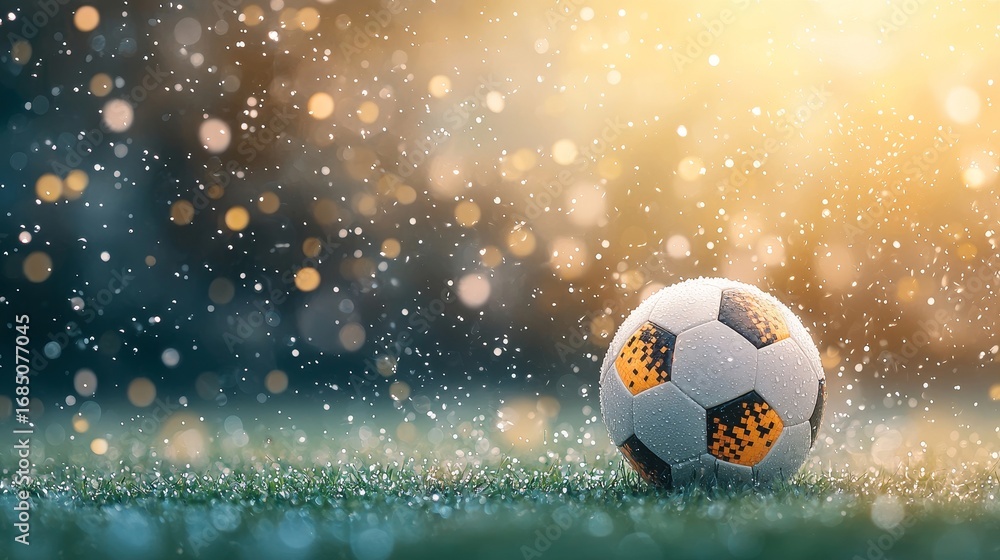 Fototapeta premium Soccer ball in rain outdoor field sports photography nature scene close-up view dynamic atmosphere