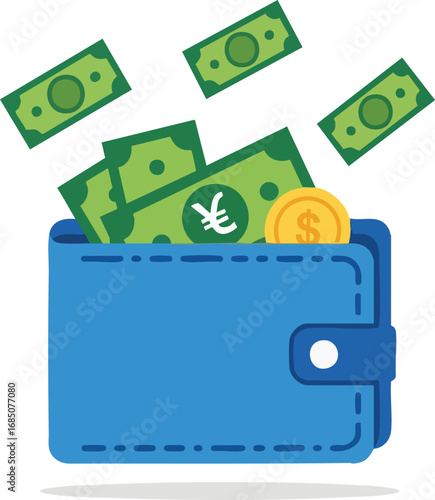 Illustration of a blue wallet overflowing with money. Dollar and Yen currency notes and coins fall into the wallet, symbolizing wealth, finance, and prosperity