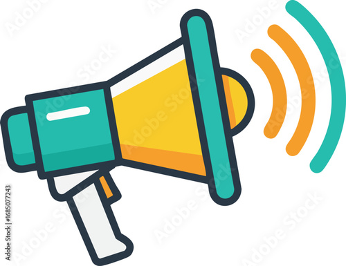 Illustration of a megaphone icon with sound waves. Concept: communication, announcement, protest, voice, broadcast, public speaking. Use as a symbol for marketing or social media campaign
