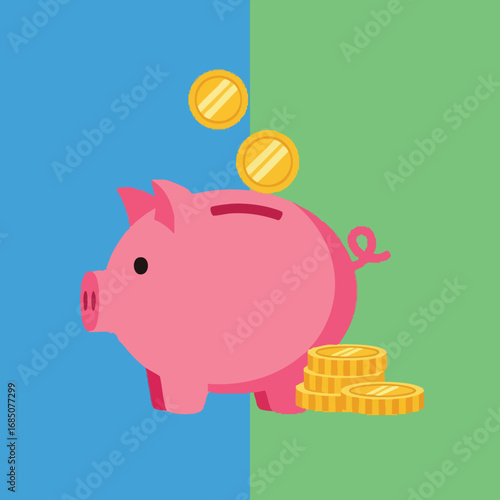Illustration of a pink piggy bank with gold coins. Concept of saving money, investment, deposit, and finance. Stylized design on a blue and green background. Use for financial literacy, savings
