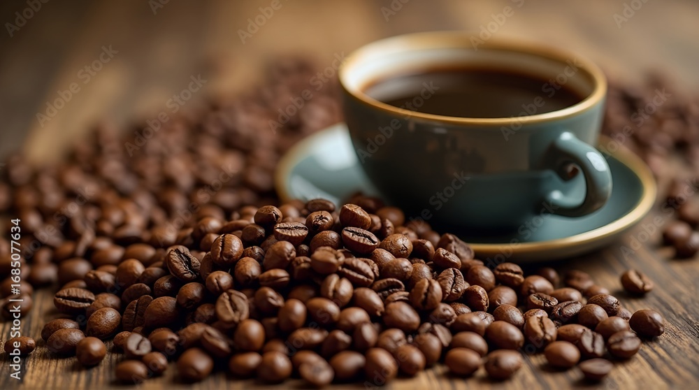 Fototapeta premium A cup of black brewed coffee surrounded by roasted beans on a wooden surface in a close up shot