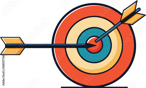 Stylized cartoon target with an arrow piercing the center bullseye on a white background goal success style vector illustration EPS file download	
