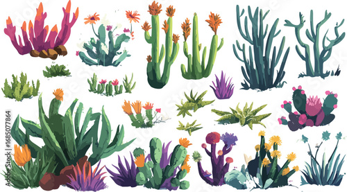 Vibrant collection of desert cacti and succulents with colorful blooms and spiky textures