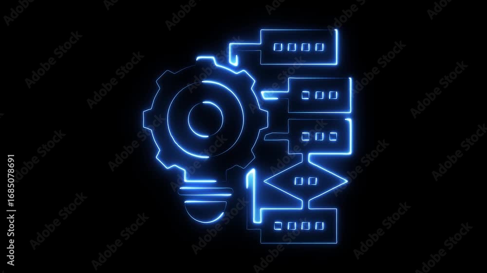 Blue neon glowing gear and flowchart diagram symbolizing innovation ...