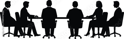 Business meeting around table, corporate discussion, team collaboration, professional boardroom, executives seated, office teamwork, company strategy discussion.