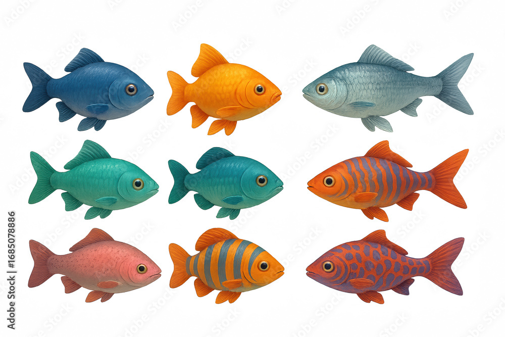 Fototapeta premium Colorful fish collection with patterns on dark abstract background