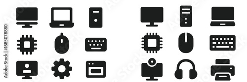 Black and white icons of various computer hardware and peripherals arranged in a grid format