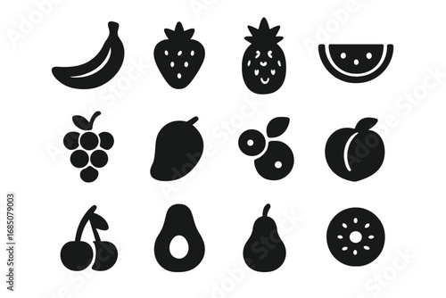 Collection of various fruit icons including bananas, strawberries, and avocados in a black silhouette style