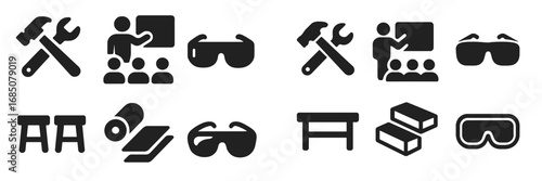 Icons representing various tools, safety gear, and construction activities in a monochrome design