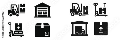 Icons representing various aspects of warehousing, logistics, and delivery operations in a simplified design style