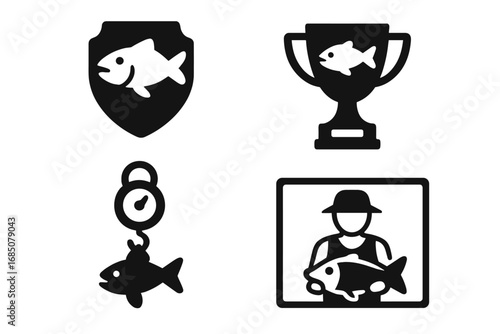 Various trophy and fishing icons representing achievements in angling activities and competitions for enthusiasts