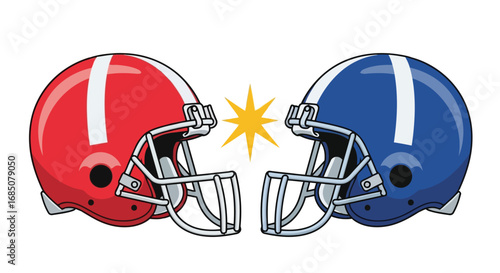 Vector illustration of two american football helmets, one red and one blue, facing each other with a yellow starburst in between