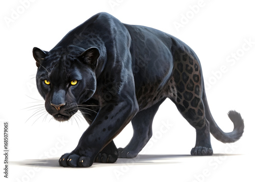 Majestic black panther prowling forward with intense yellow eyes on white background