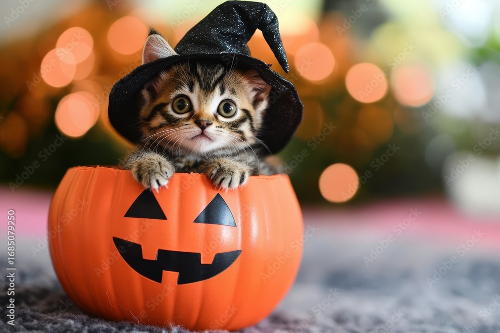 Naklejka premium A captivating kitten, adorned with a witch's hat, sits nestled inside an orange jack-o'-lantern, creating a charming Halloween scene.