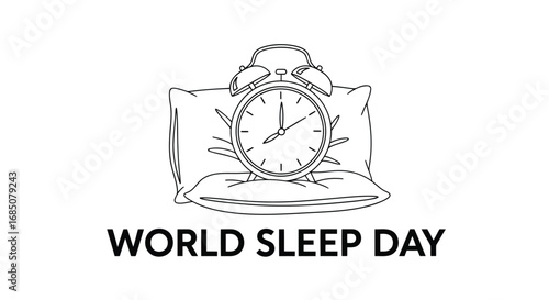 Vector illustration of world sleep day text with a sketch of an alarm clock on a pillow