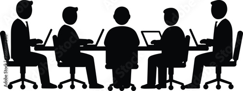 Business meeting silhouette, five professionals working on laptops, office teamwork, collaboration, corporate conference, team discussion, technology, modern workplace, productivity