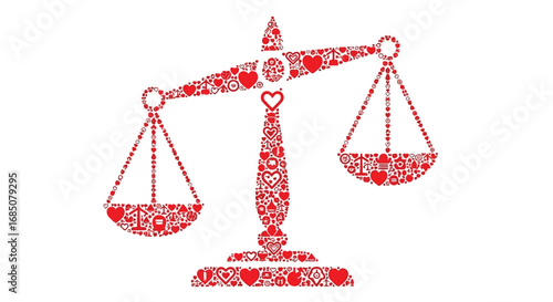 Vector illustration of scales of justice decorated with red hearts