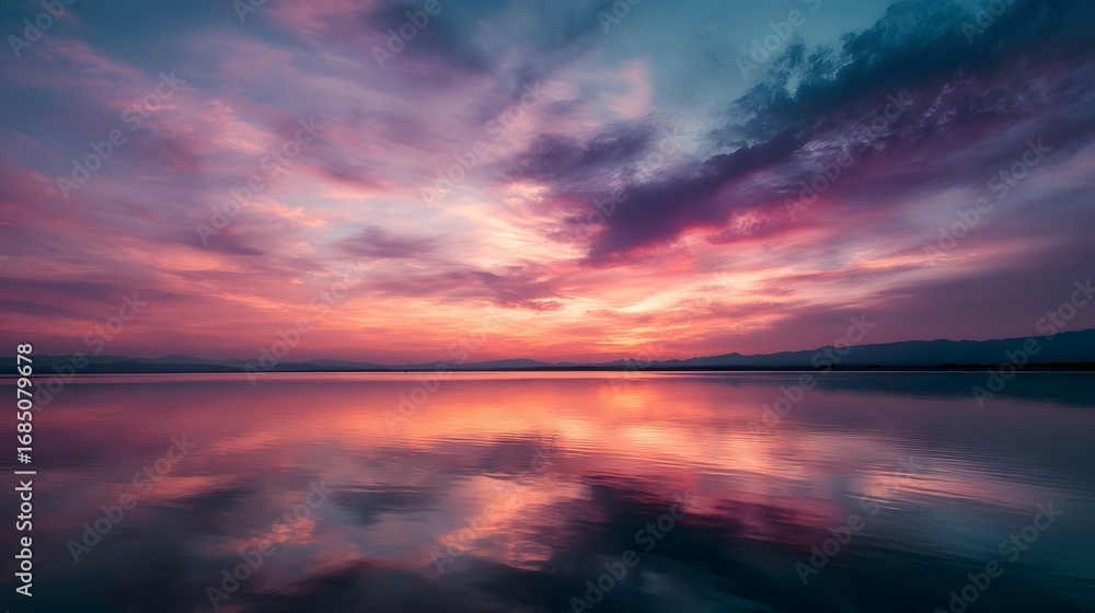 Fototapeta premium Vibrant sunset sky casting colorful reflections on the calm serene water creating a breathtaking and peaceful natural landscape scene at twilight