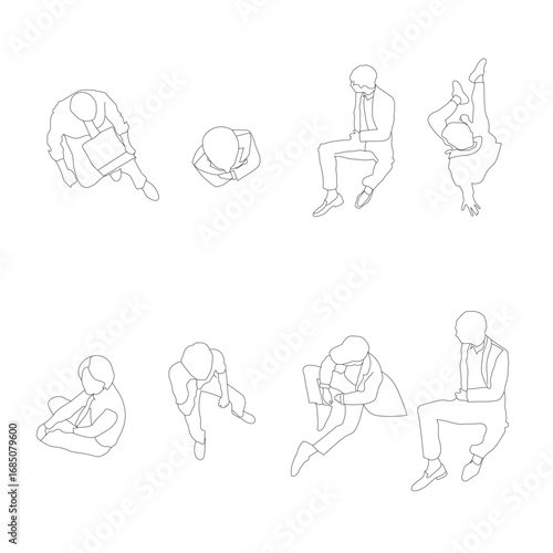 Vector set of 8 business people in line art style, drawn from a top view. Includes poses of sitting, reading, working on a laptop, stretching, office plans, infografics, urban design.