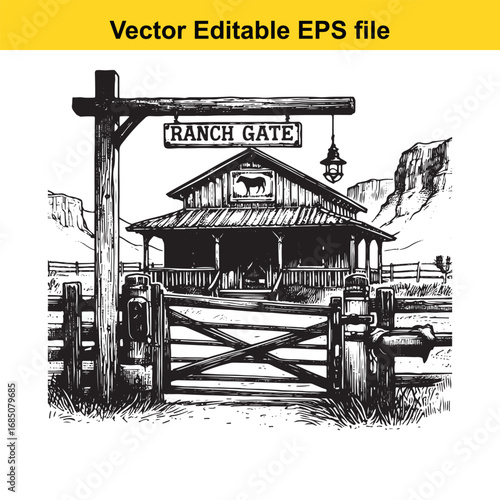 Rustic ranch gate and building with horse silhouette, western style