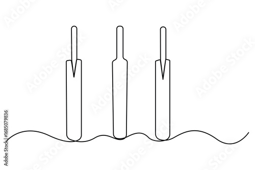 Continuous one line drawing of cricket bat ball and wicket stumps professional sports outline vector illustration
