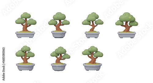 Bonsai trees vector icon set with seven green designs
