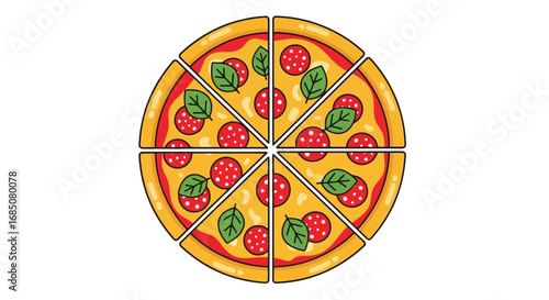 Vector illustration of a delicious pepperoni pizza, sliced into eight equal pieces, isolated on a, ready to be enjoyed