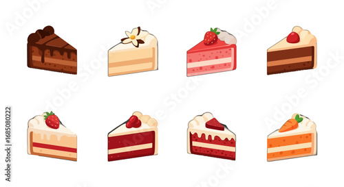 Cake slices vector icon set with eight colorful designs