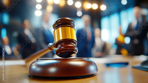 Gavel on Wooden Table with Blurred Business People in Background. Justice, Law, and Legal Proceedings Concept