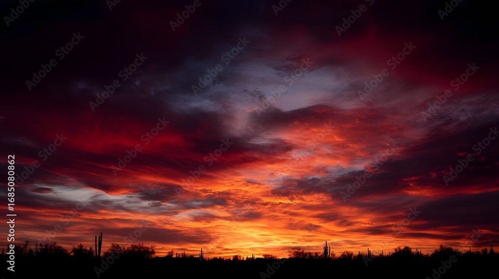Fototapeta premium A fiery red orange sunset paints a dramatic and vibrant sky over a silhouetted desert landscape featuring cacti and other arid flora at twilight