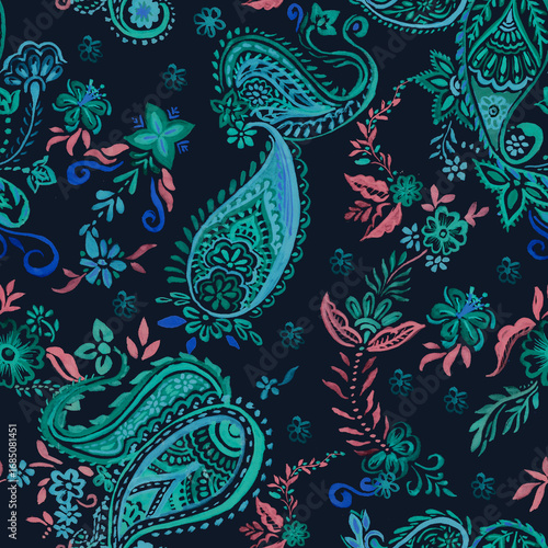 Colorful Boho Paisley Seamless Pattern in Green and Blue for Fabric and Interiors