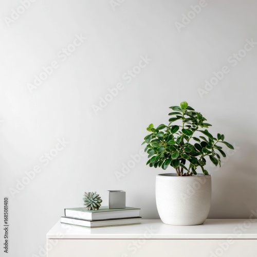 potted green plant on white desk in minimalist setting