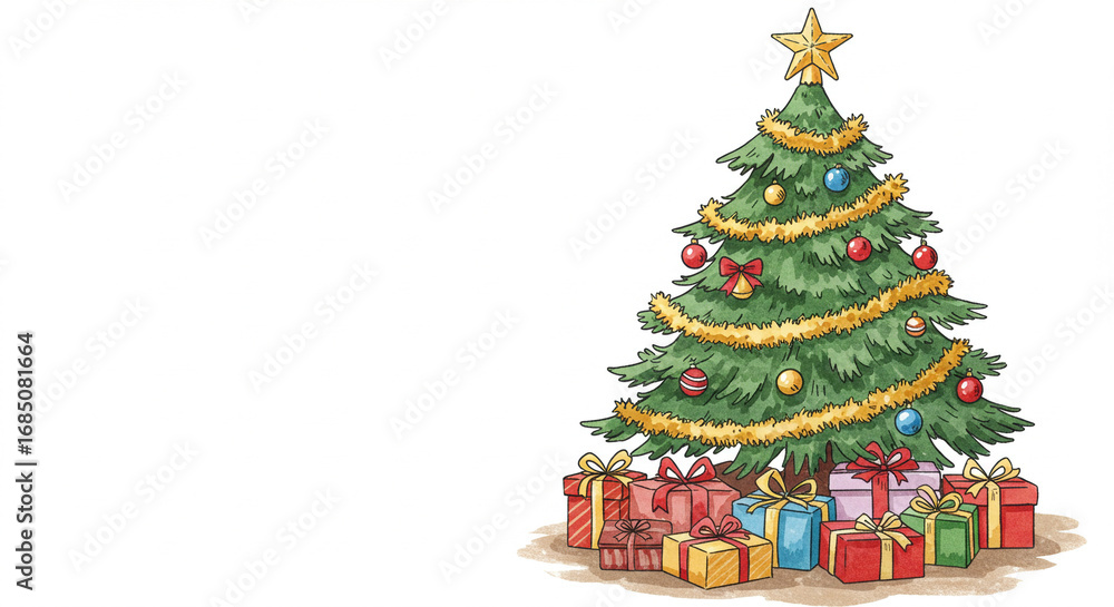 Naklejka premium Christmas tree decorated with colorful ornaments and gifts underneath 