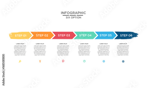 Colorful Six-Step Infographic Template with Horizontal Arrow Timeline, Business Process Diagram, and Modern Icons for Presentation and Data Visualization