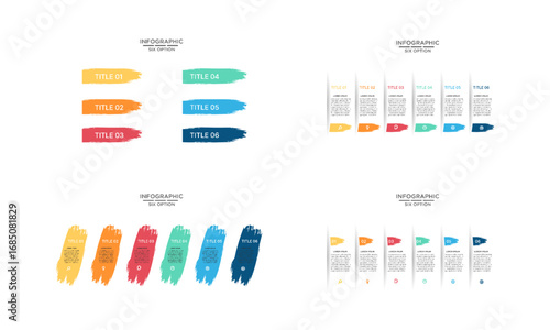 Modern colorful infographic template with six brushstroke options for business presentations and data visualization.