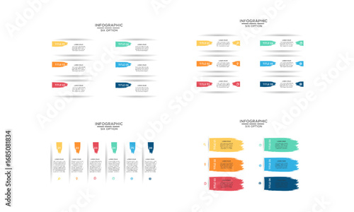 Infographic Template Set with Six Options and Brush Stroke Design Elements for Business Presentation