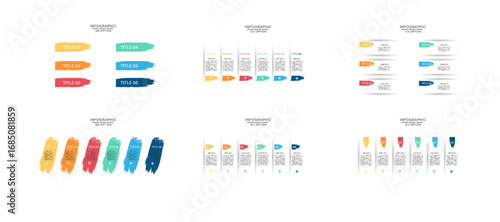 Infographic design with six colorful brush stroke options for business presentations, process steps, data visualization, and marketing templates.