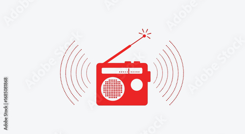 Vector illustration of red vintage radio with antenna and sound waves