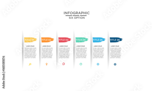 Infographic design template with six colorful vertical options, steps, or processes for business presentations and data visualization.