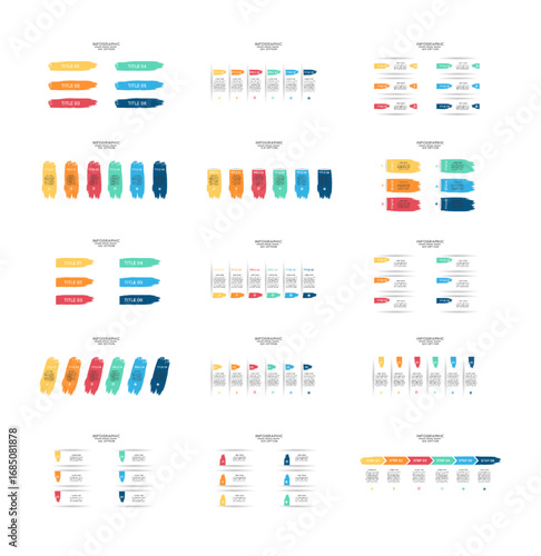 Infographic vector template set for business presentations with six options or steps, featuring various horizontal and vertical layouts, brush stroke elements, and numbered lists with icons.
