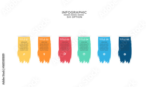 Business infographic template with six colorful brush stroke options, icons, and text sections for presentation, data visualization, and marketing.