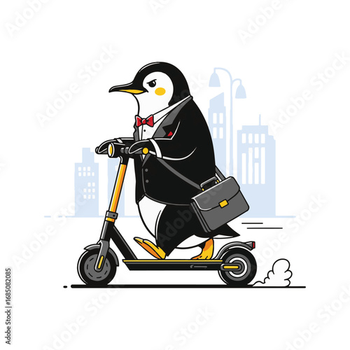 Stylish Penguin Commuter on Electric Scooter in Urban Landscape
