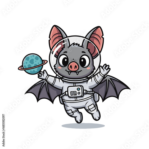 Cute cartoon bat astronaut holding a planet illustration