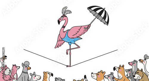 Whimsical flamingo tightrope walker entertains an audience of cartoon animals