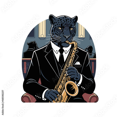 Anthropomorphic Black Panther Saxophonist in a Jazz Club
