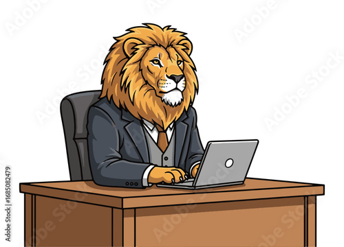 Professional cartoon lion in suit working on a laptop at a desk